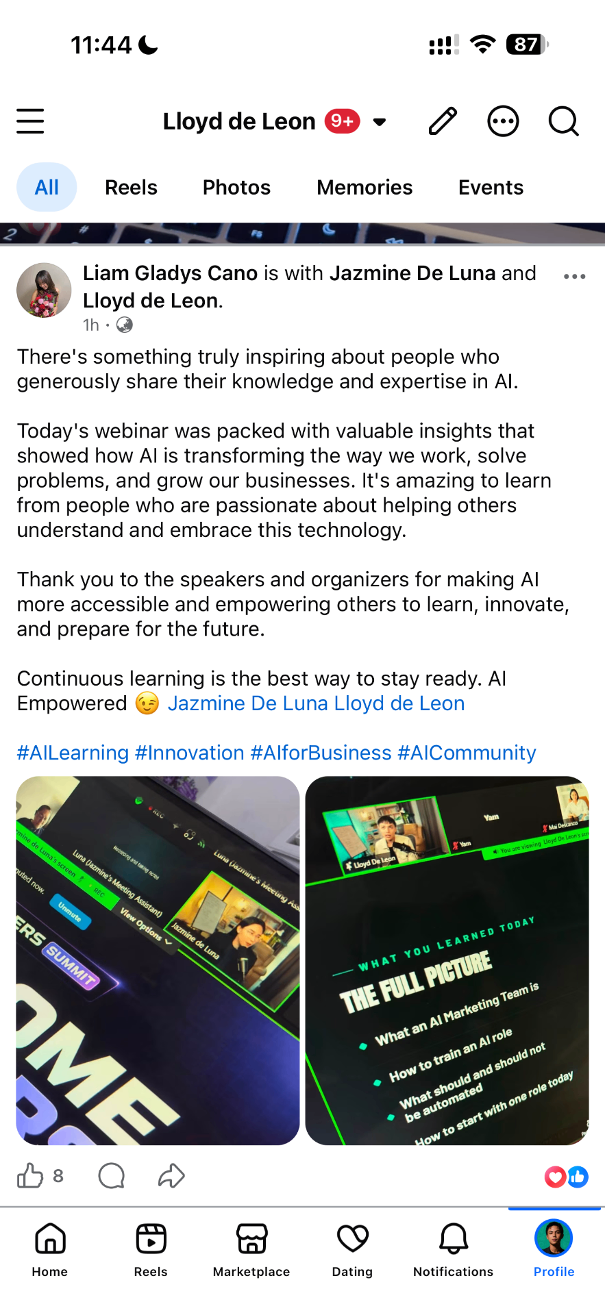 Liam Gladys Cano FB post about the AI webinar